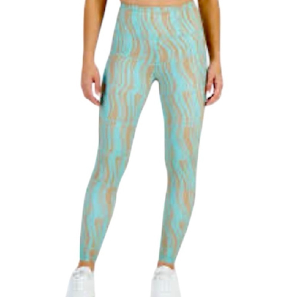 Ideology 7/8 Compression Leggings Blue Tan Print Pockets Women L NWT